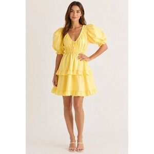 ECHE Penny Dress Women's XS Yellow Mini Ruffle Puff Sleeve NWT $188